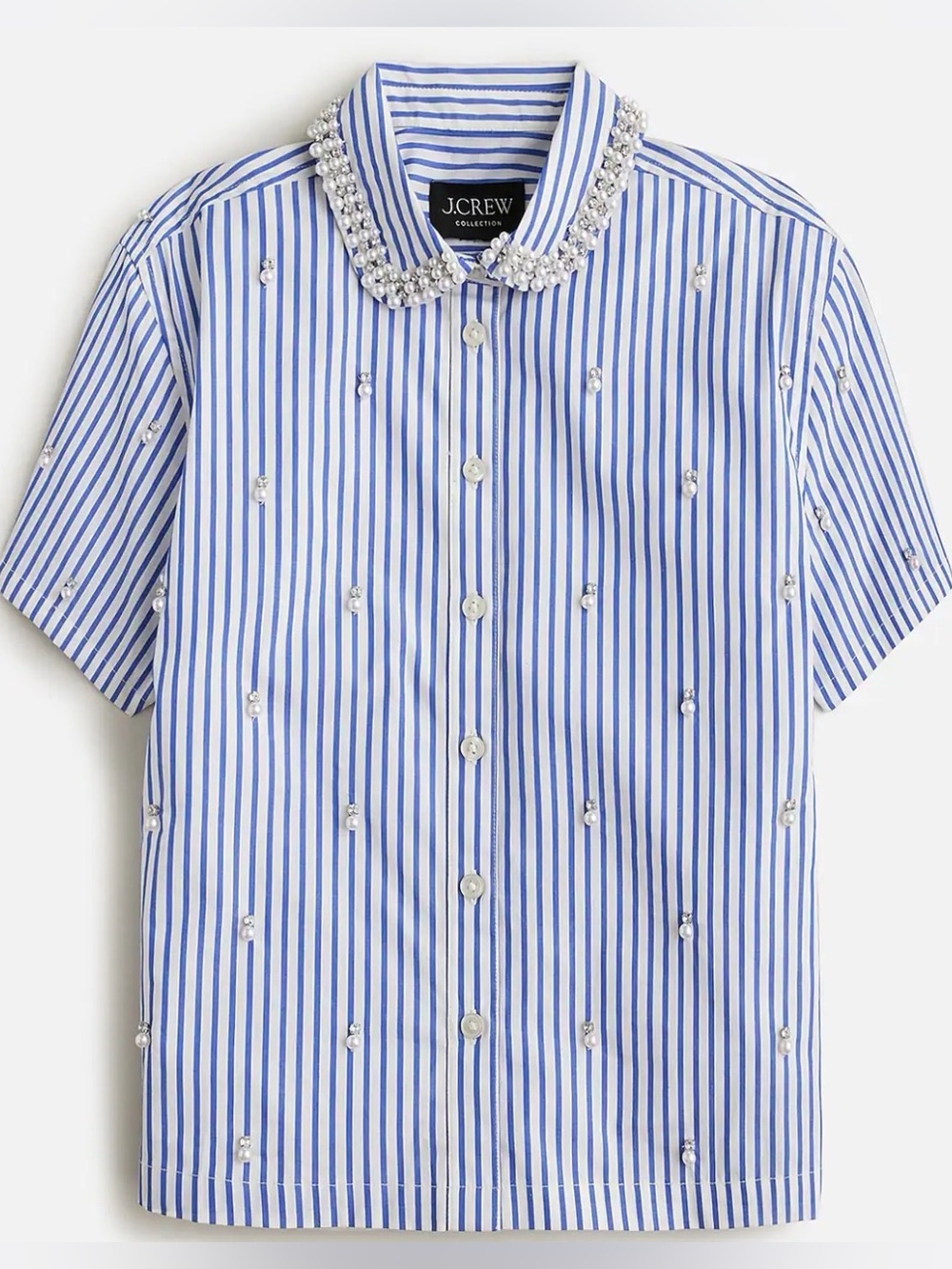 J. Crew Blue and White Striped Beaded-Collar Short-Sleeve Shirt